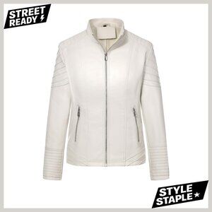 Plus Size Faux Leather Motorcycle Jacket Slim Fit Stand Collar Metal Zippers